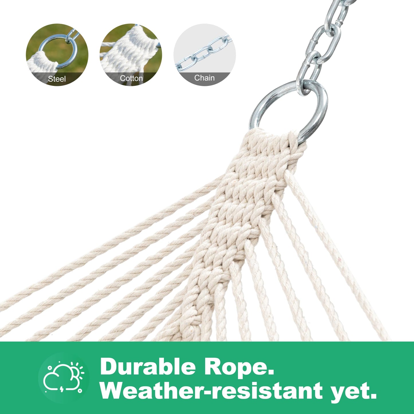 GAFETE 12ft Double Hammocks for Outside, Handwoven Traditional Cotton Rope 2 Person Hammock with Hardwood Spreader Bar, Chains & Hooks for Indoor Outdoor, Max 450 lbs Capacity (Natural Beige, Medium)
