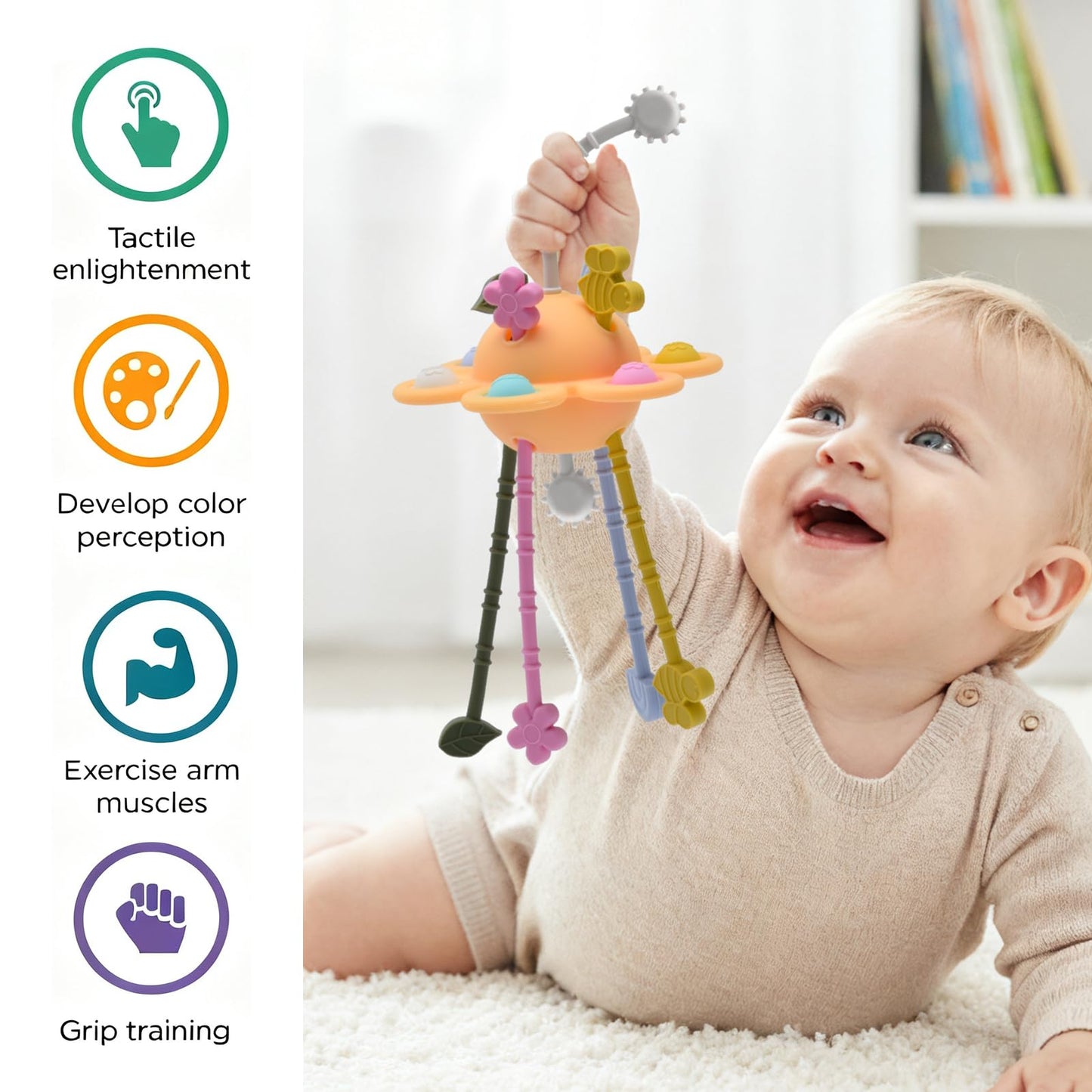 Little Rawr Silicone Baby Sensory Montessori Toys & Pull String Toys for 18 M+, Toddler Birthday Gift Car Seat Airplane Travel Toy for 1 2 Year Old Boy Girl Infant 18 Months Old (Orange)