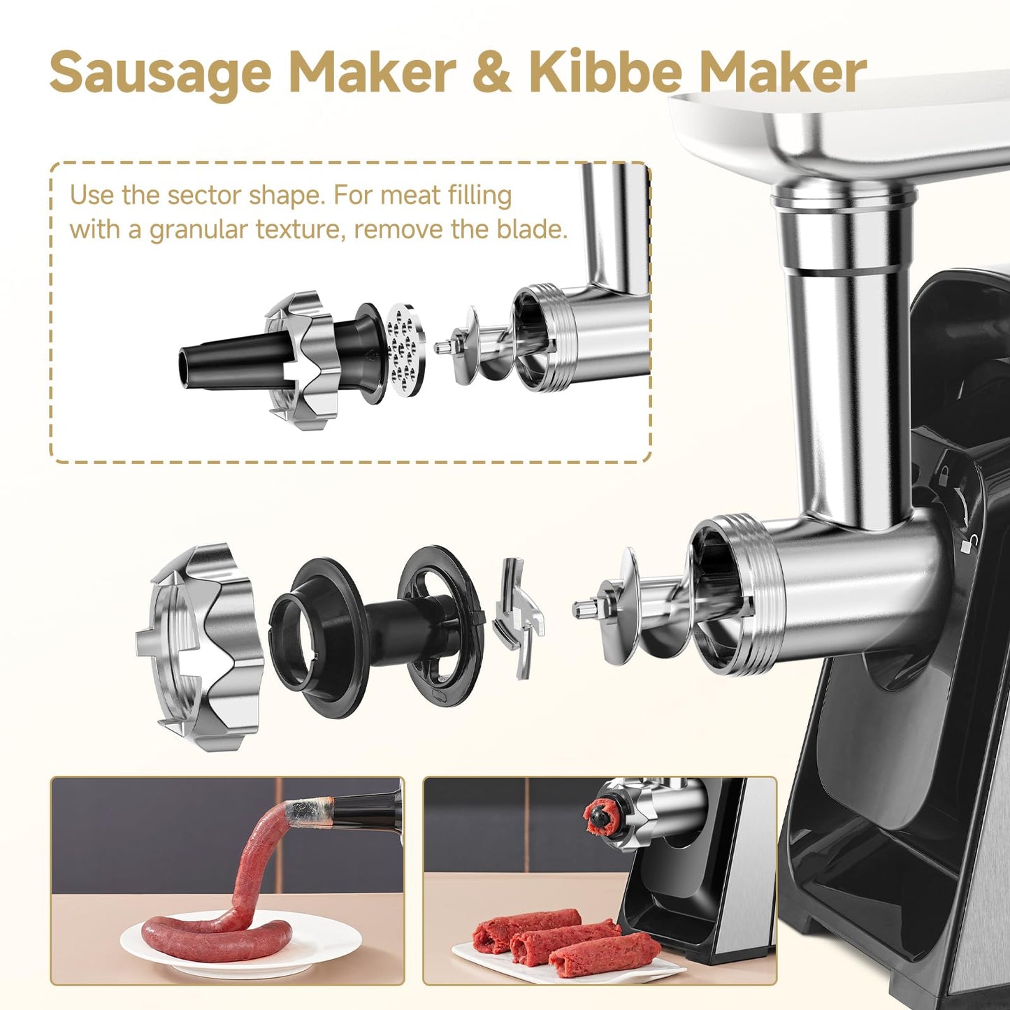 AAOBOSI Meat Grinder Electric, [3000W Max] Meat Grinder Heavy Duty with 2 Stainless Steel Blades & 3 Grinding Plates, Sausage Maker & Kibbe Kit for Home Kitchen Using