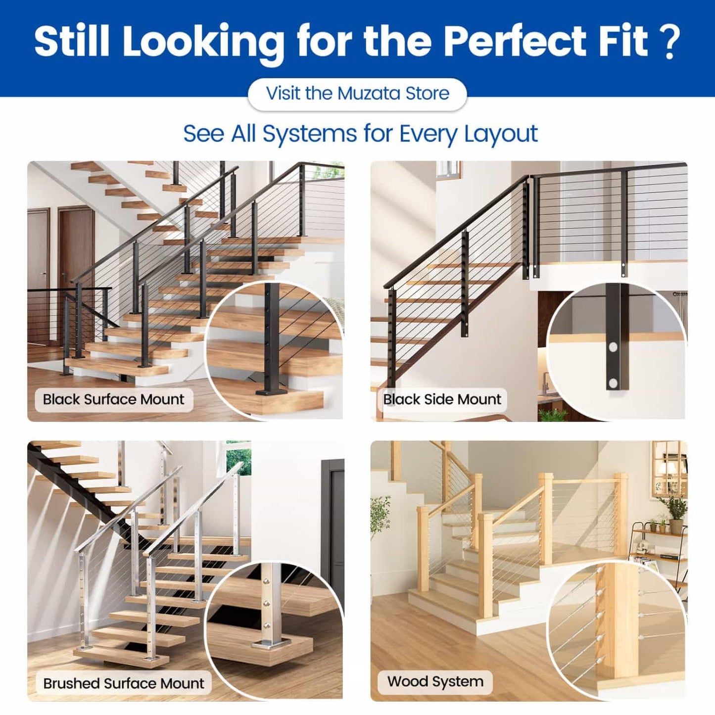 Muzata 10-15FT Modular Black Cable Railing Kit 42 Inch 3 Stair Post Kit Complete Set Cable Railing System for Stairs Length Adjustable Easy DIY with Paper User Guide (No Handrail) RWS1 BA4L