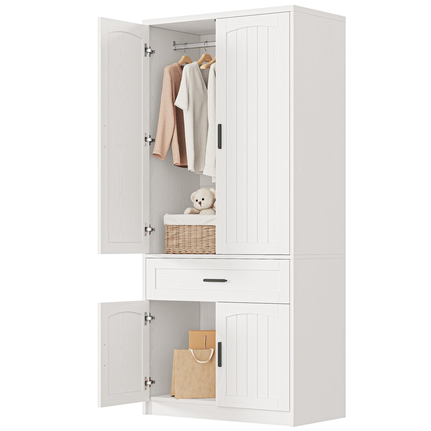LIKIMIO 77" Tall Armoire Wardrobe Closet, Wooden Wardrobe with 4-Door and Drawer, White Clothes Storage Cabinet with Hanging Rod and Adjustable Shelves for Bedroom