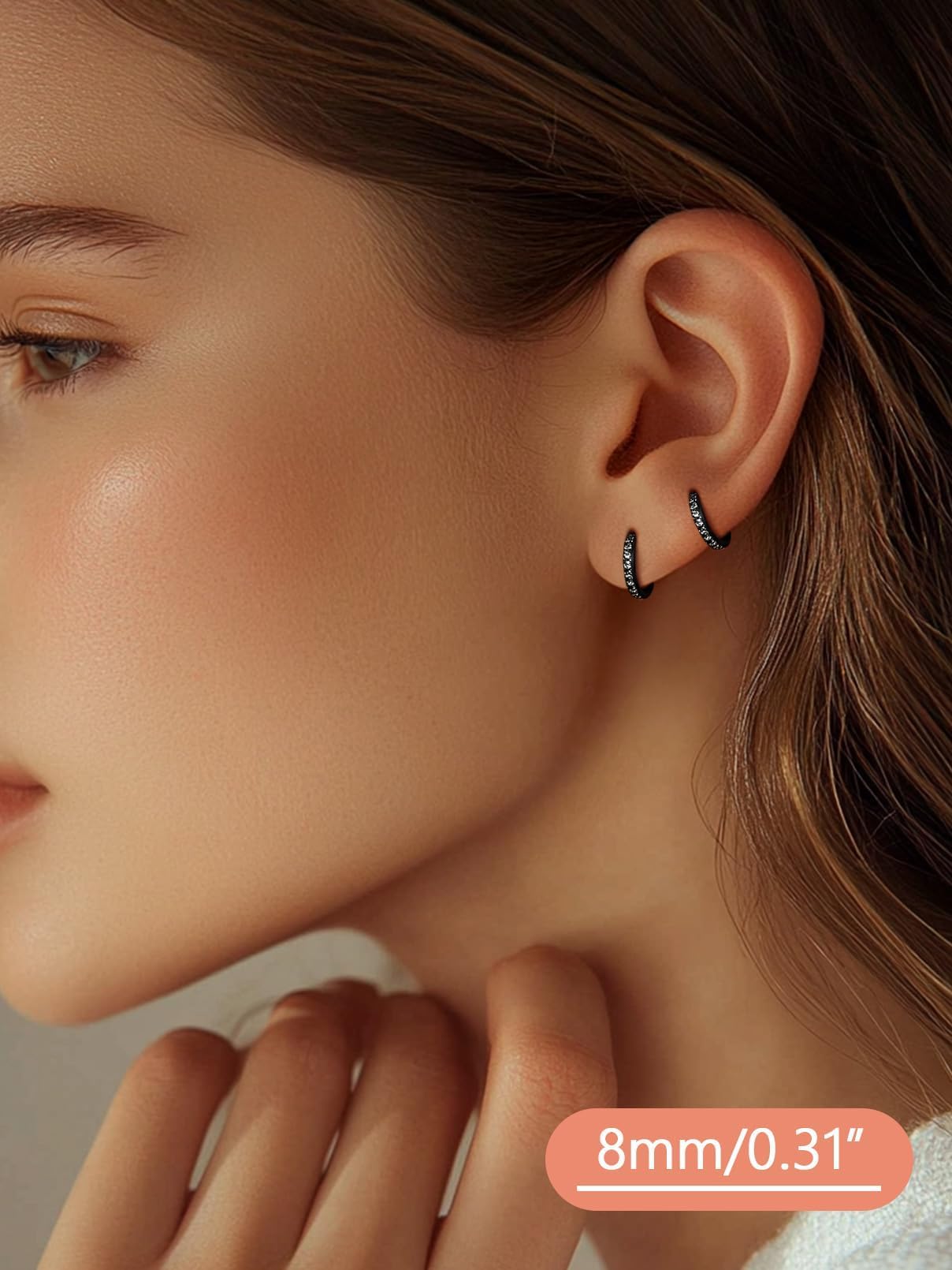 FaithHeart Cubic Zirconia Hoop Earrings for Women, Black Hypoallergenic Huggie Hoop Earrings, Small Cartilage Earrings for Women 8mm, Send Gift Box