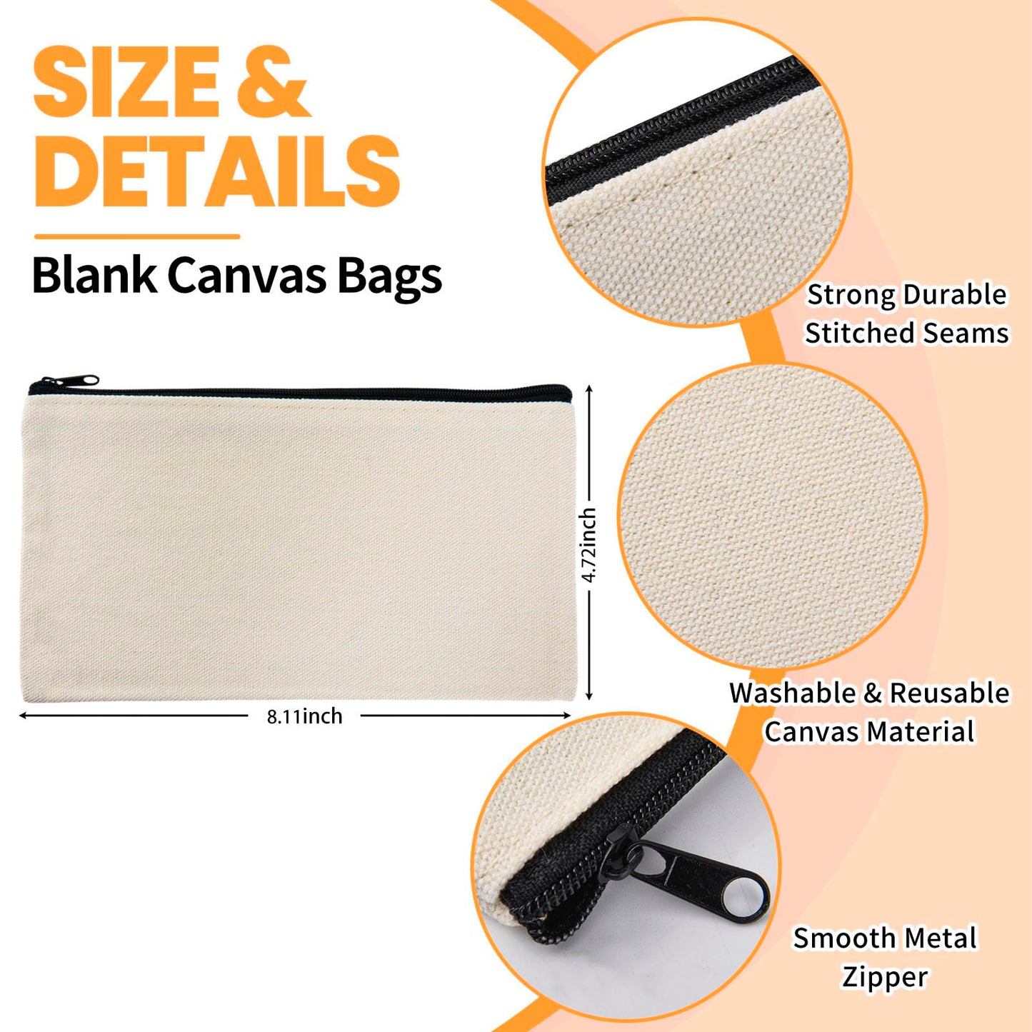 pabues 100 Pack 8 × 4.7 Inch Blank DIY Craft Bag Canvas Pencil Case Blank Makeup Bags- Beige Canvas Pencil Pouch Bulk Canvas Cosmetic Bag Multi-Purpose Travel Toiletry Bag Canvas Zipper Bags
