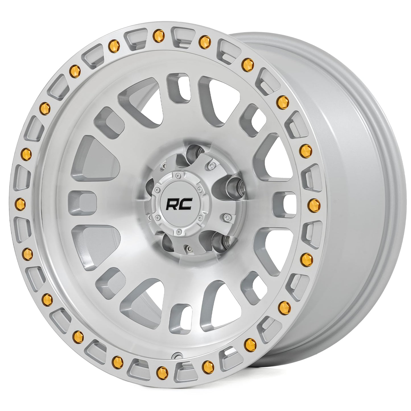 Rough Country 82 Series Off-Road Wheel - 15x8, 5x4.5" Bolt Pattern, 19mm Offset, Full Machined Aluminum with 8-Spoke Design & Simulated Beadlock Gold Hardware