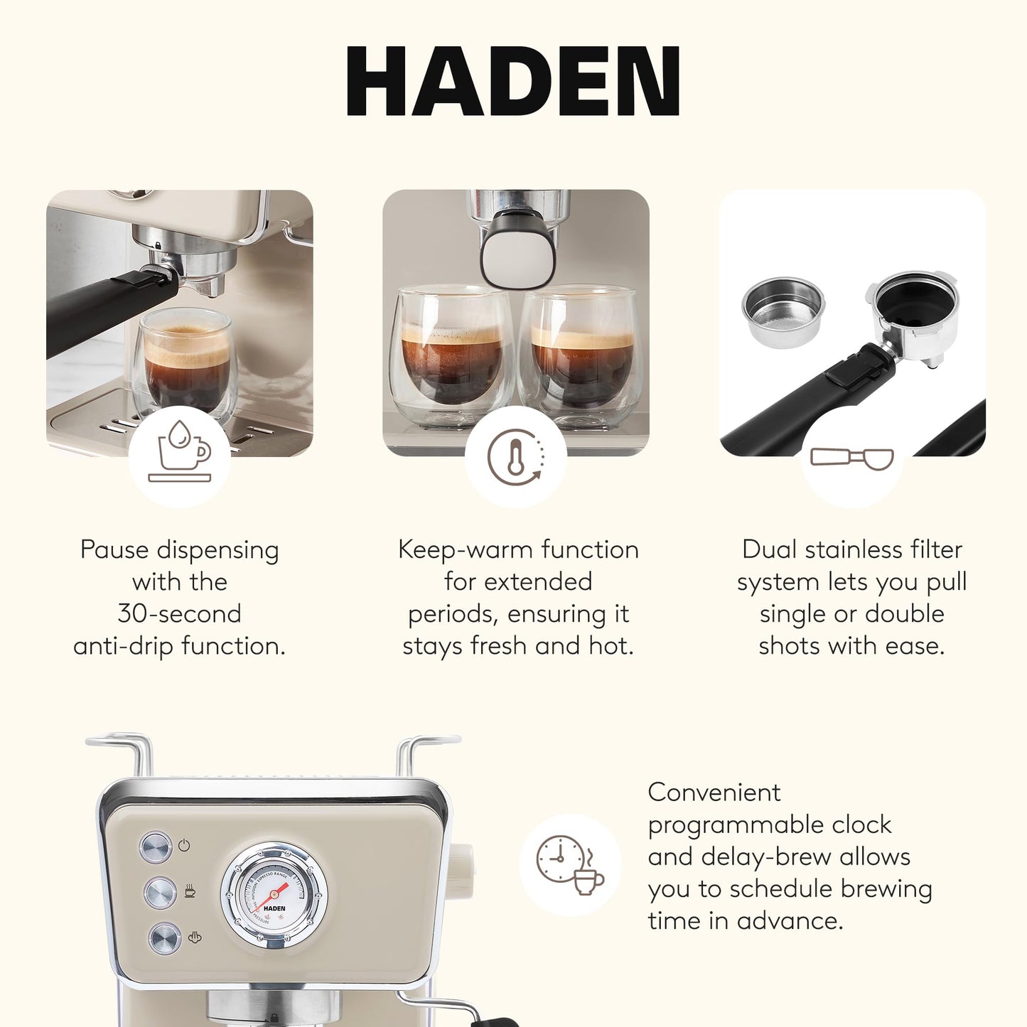 HADEN Barista Brew Espresso Coffee Machine, Stainless Steel Espresso Maker with Milk Frother and Steamer Function and 1.5L Water Tank, Putty & Copper