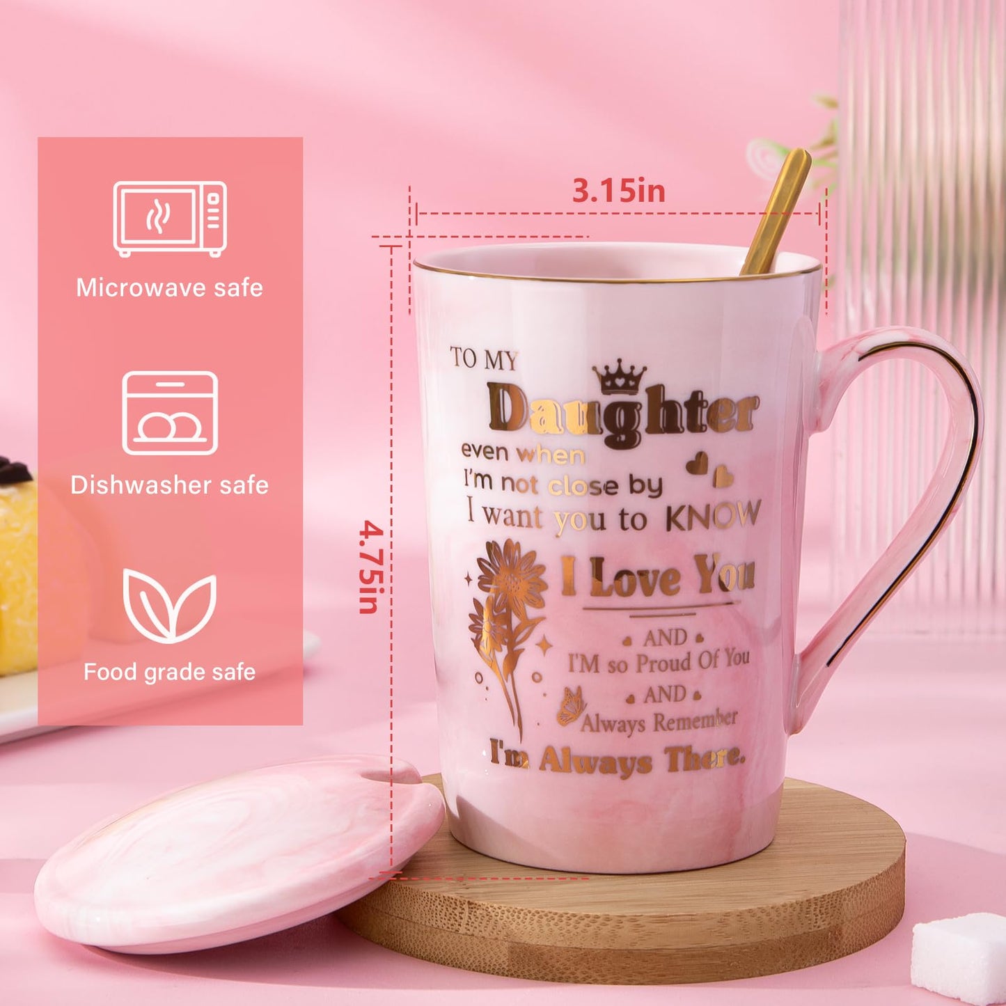 Daughter Birthday Gifts from Mom Dad - Unique 14oz Pink Marble Gold Print Coffee Mug, Lid, Spoon, Greeting Card, Presents for Wedding Blessing, Thanksgiving, Valentines, Graduation, Nice Gift Boxed