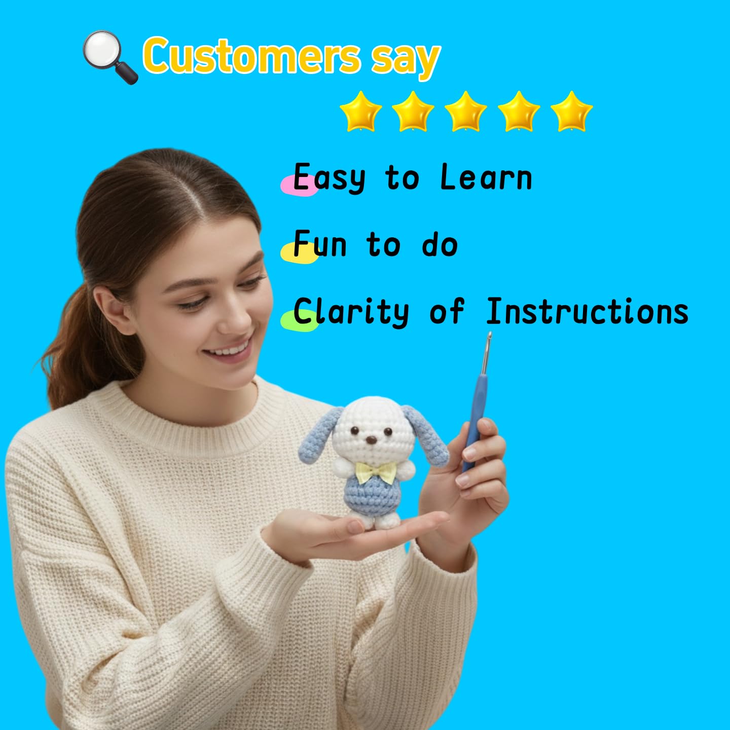 BUNUKY Crochet Kit for Beginners Adults - Complete DIY Amigurumi Puppy Dog Starter Set with Video Tutorial | Easy Learn to Crochet Kit with All Supplies | Craft Gift for Women Teens Girls