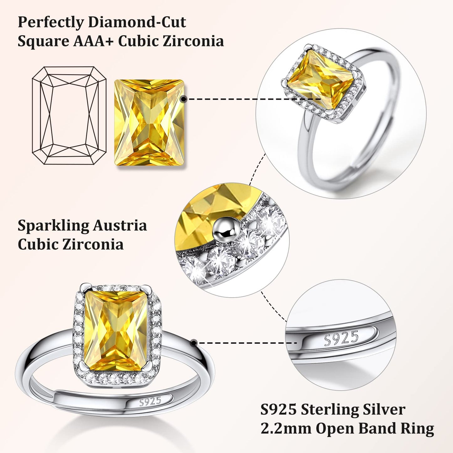 Bestyle S925 Sterling Silver Square Crytsal Rings, Dainty November Critine Crystals Birthstone Rings, Anniversary/Mother’s Day/Birthday Jewelry Gifts for Women Mom/Wife/Sister/Best Friend