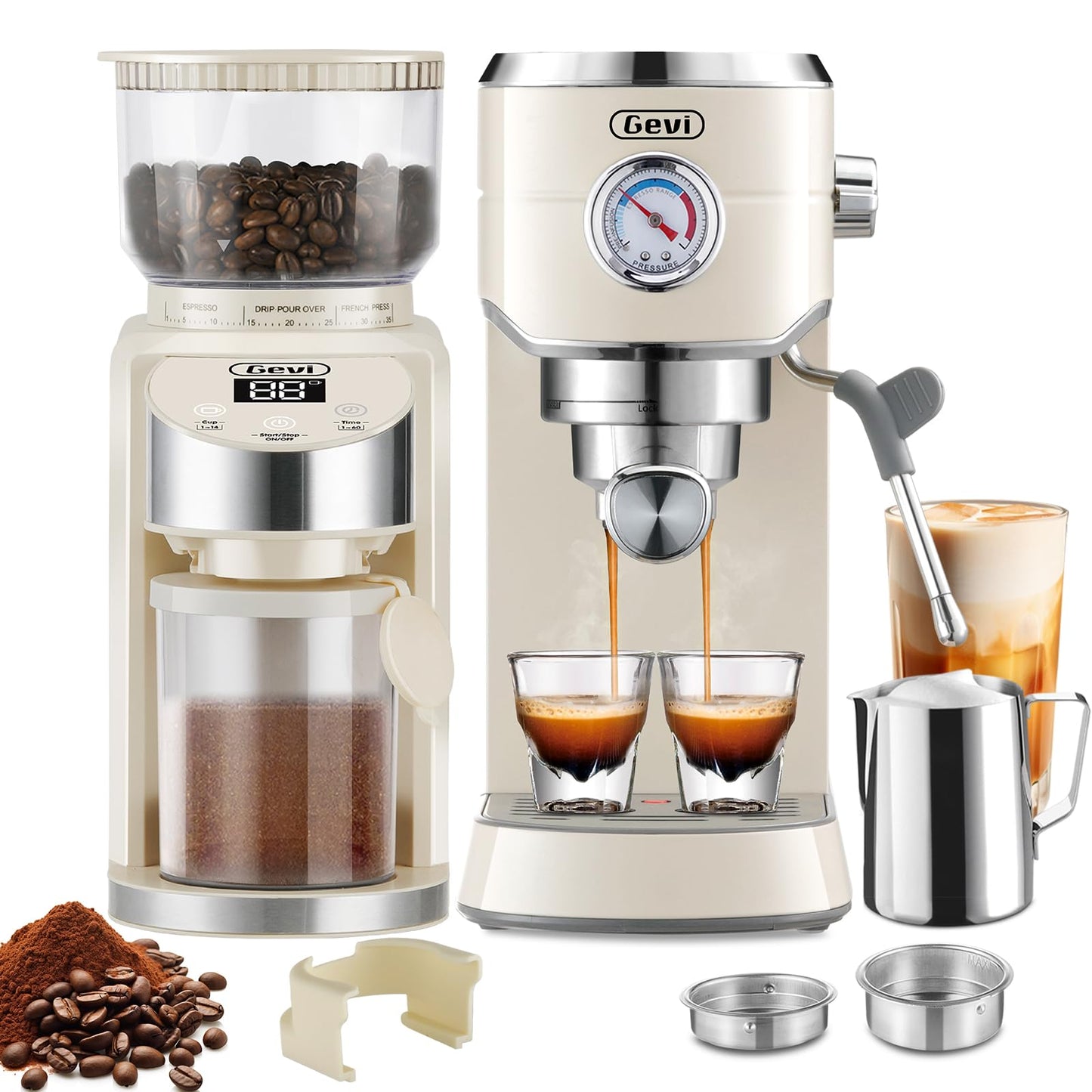 Gevi 20 Bar Espresso Coffee Machine with Burr Grinder Set | 35 Precise Grind Settings | Milk Frother for Latte Cappuccino | Professional Home Barista Kit | Gift for Coffee Lovers