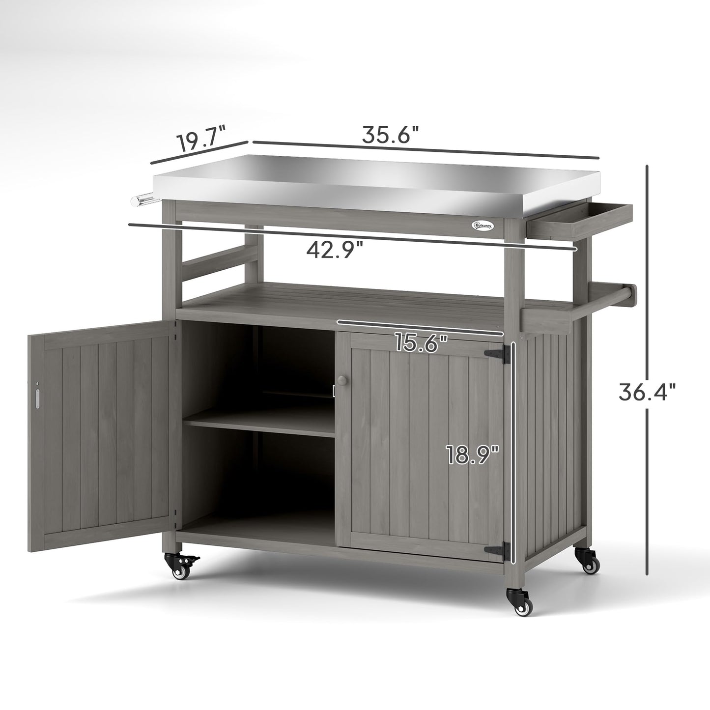 Outsunny Outdoor Grill Cart with Wheels and Storage, Solid Wood Outdoor Kitchen Island with Stainless Steel Top, Movable Bar Cart with Spice Rack, Side Handle, Integrated Hole for BBQ, Gray