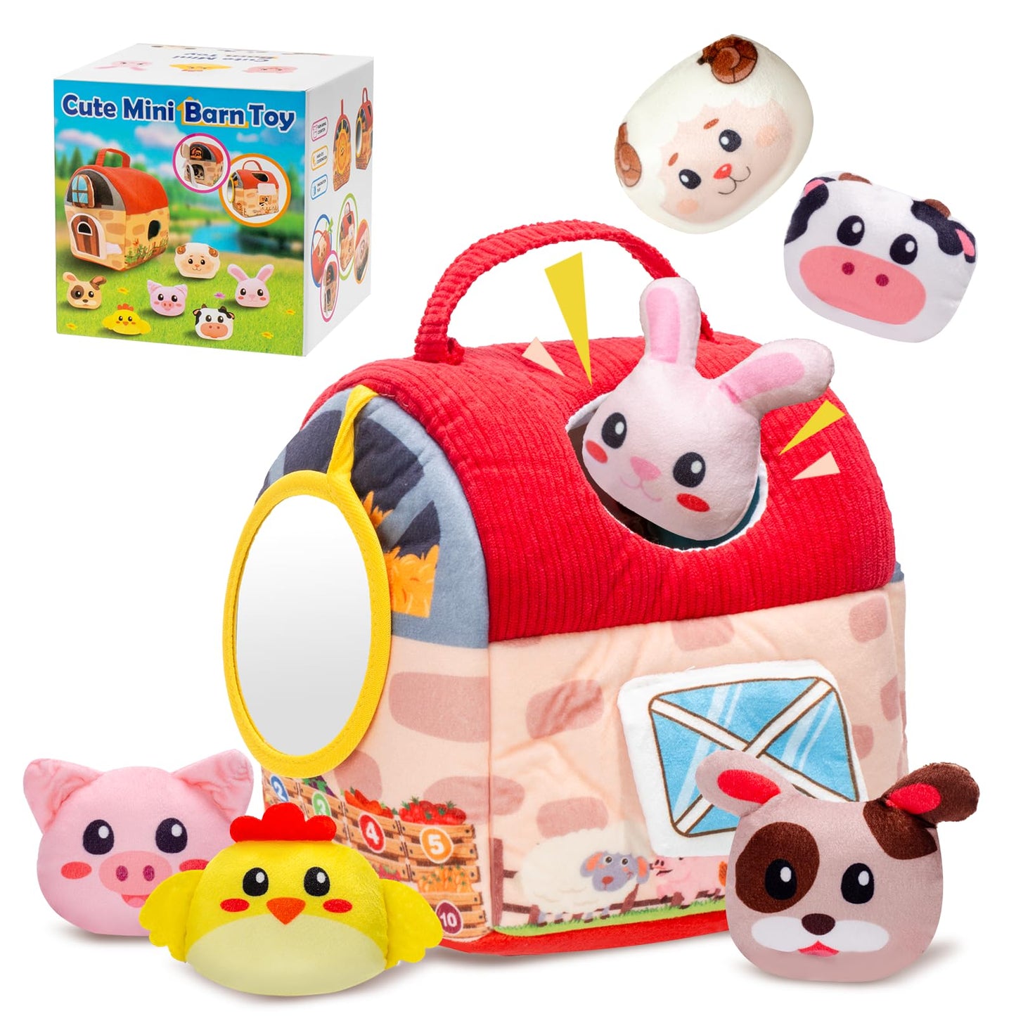 PADONISE Baby Toys 6-12 Months, Montessori Sensory Newborn Toys, Stuffed Farm Animals with Rattle, Mirror, Crinkle Paper, Gift for 6-12 12-18 Months 1-3 Year Old Toddlers Boys Halloween Girls