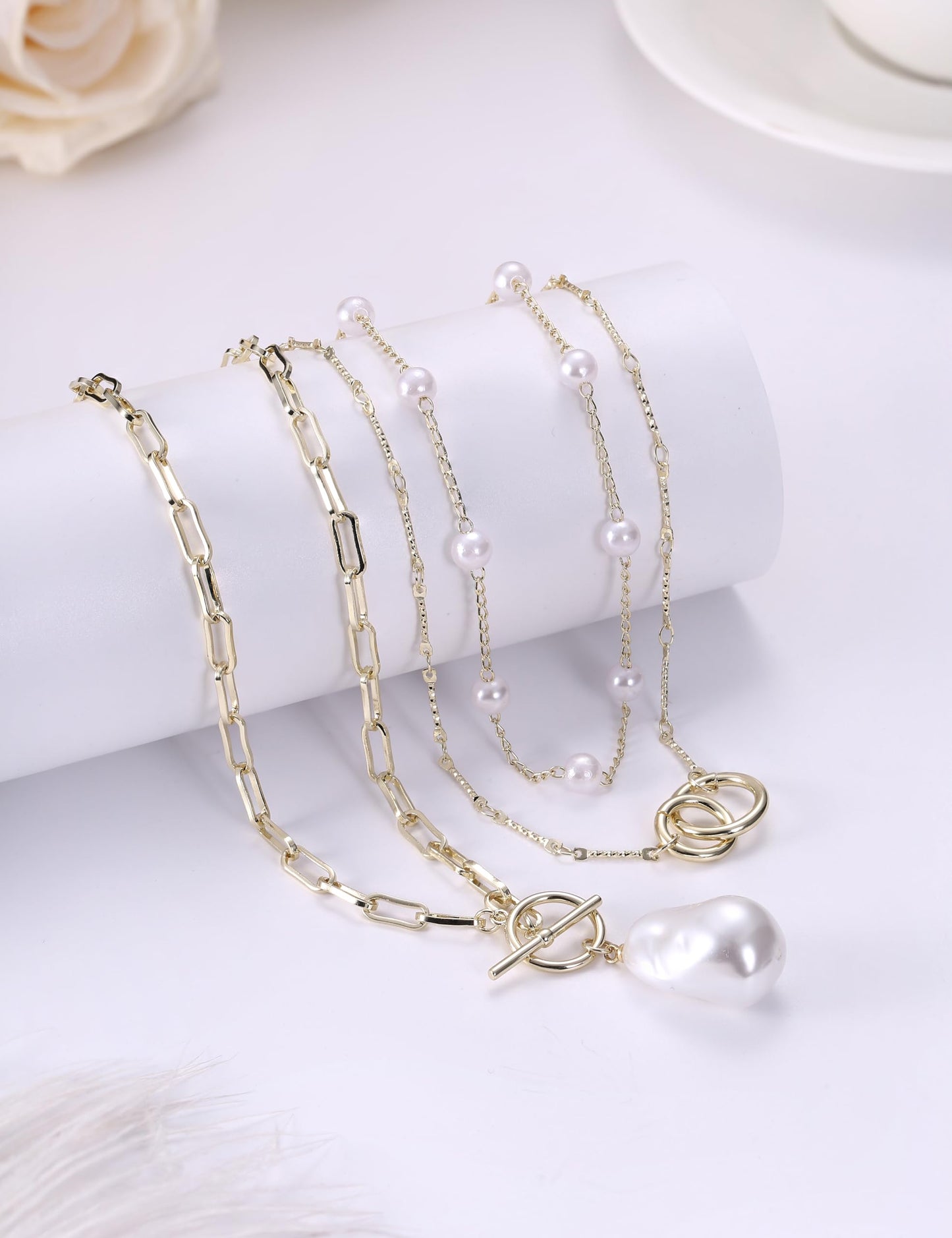 ORAZIO Layered 14K Gold Plated Necklaces for Women Dainty Necklace Stack Silver Plated Non Tarnish Free Pendant Chunky Chain Pearl Paperclip Cross Heart Necklace Set for Women B