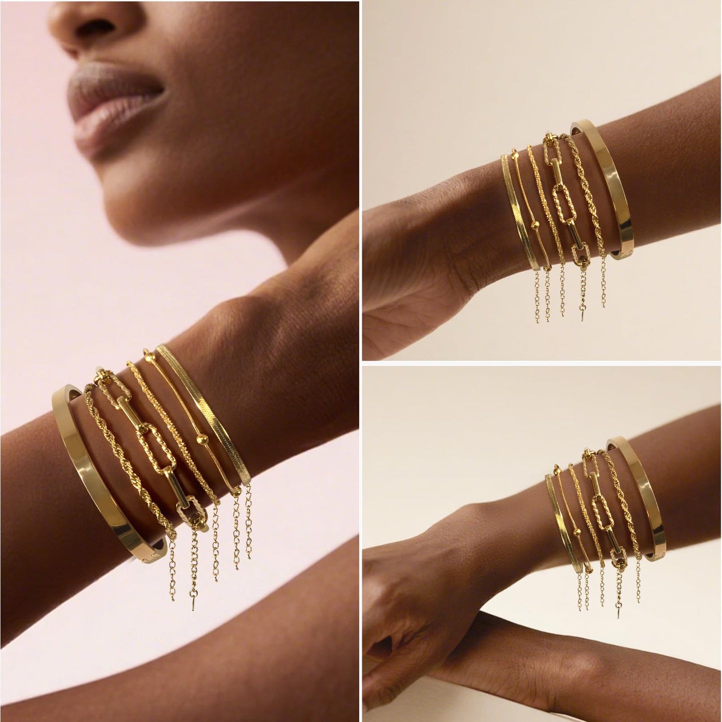 Gold Bracelets for Women, Exquisite 18K and 14K Real Gold-Plated Bracelet Stacking Sets, Waterproof Cuban Chains, Paperclip Chain , Cuff Bangles, Non Tarnish,Jewelry Gifts for Women (18kGOLD 6 SET)
