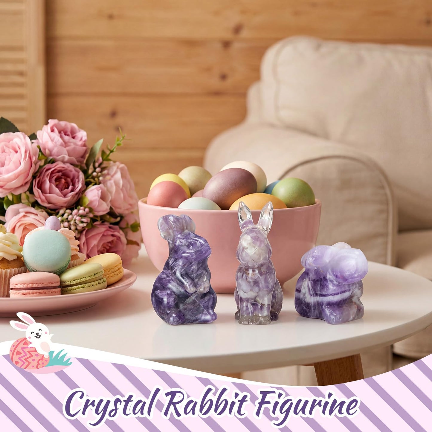 Pinkunn 3 Pcs Amethyst Bunny Figurines—Carved Crystal Rabbit Statues for Easter, Home & Office Decor, Natural Healing Purple Gemstone Gifts for Bunny Lovers
