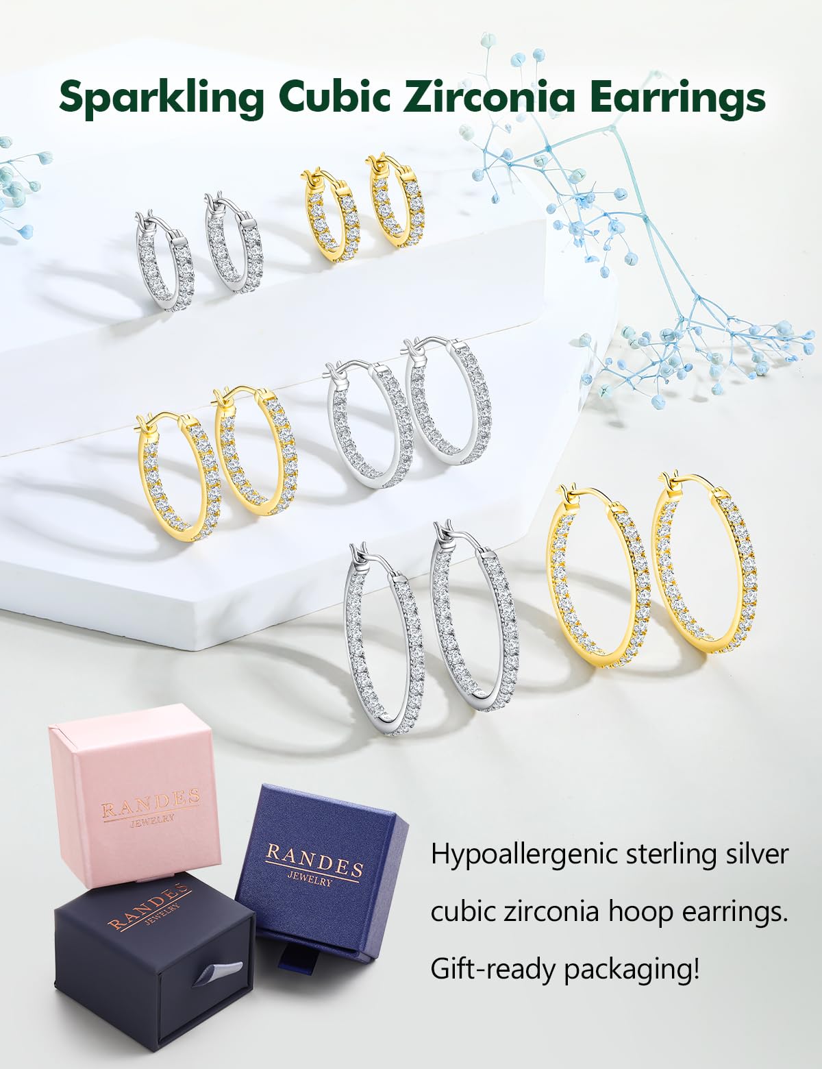 RANDES 14K Gold Plated Cubic Zirconia Hoop Earrings Trendy Sterling Silver Post Cretaed Diamond Earrings 26mm Medium Hoop Earring Wedding Jewelry