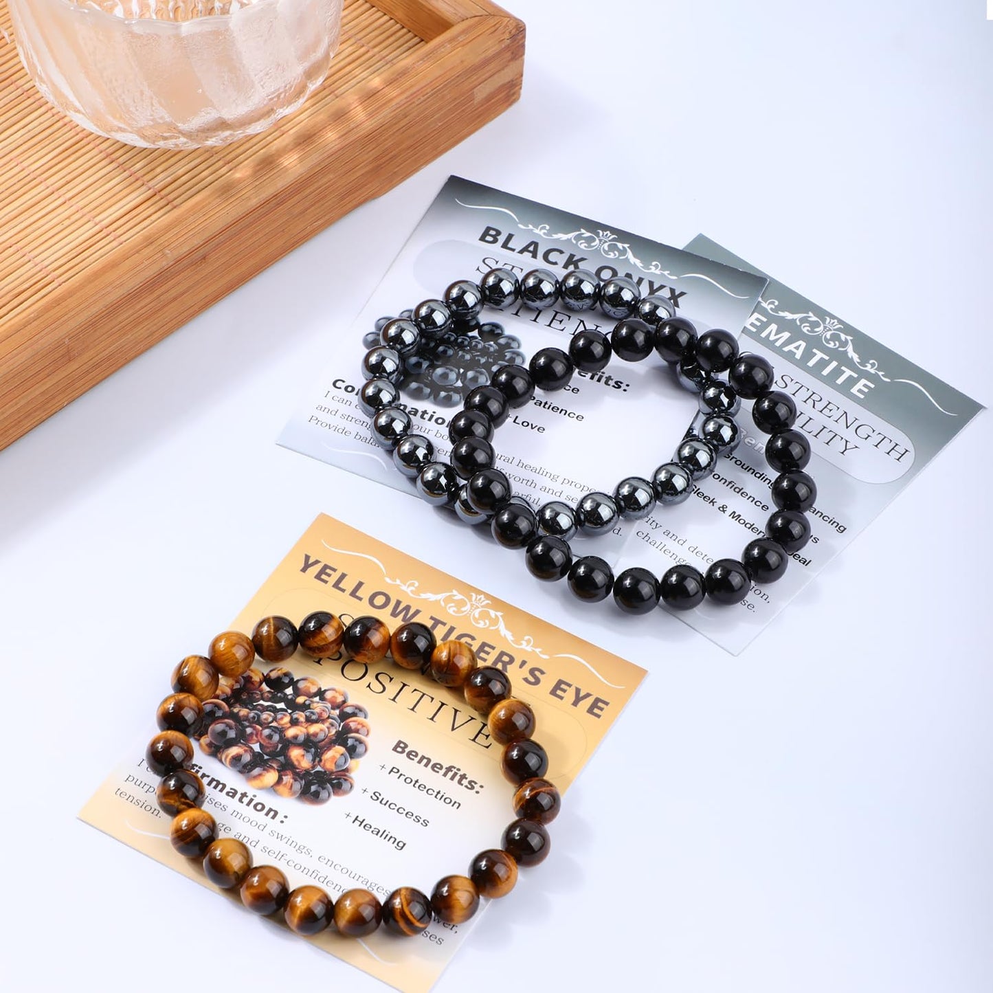 NCB 3-Piece 8mm Natural Crystal Gemstone Stretch Bracelets – ﻿Black Onyx, Hematite, Yellow Tiger's Eye Handmade Reiki Energy Healing Jewelry for Meditation,Yoga, Unisex