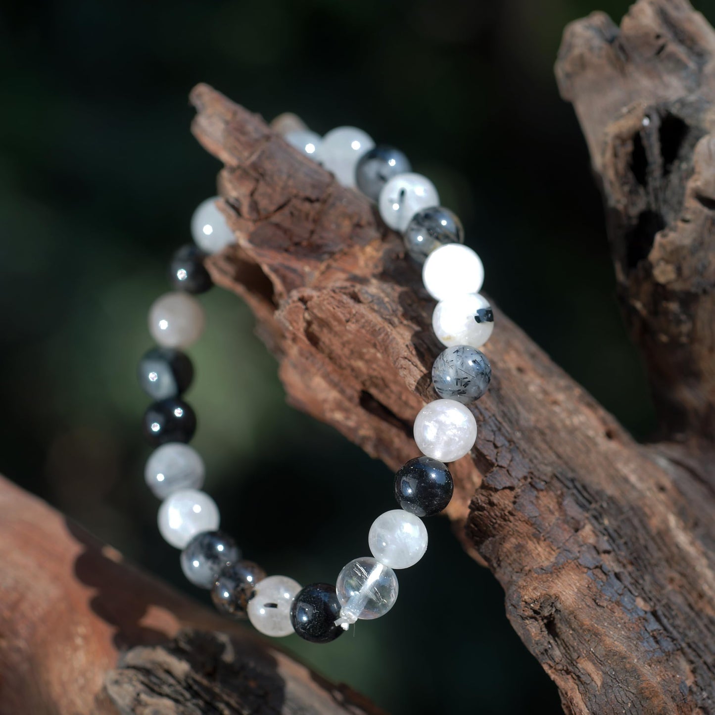 Crystal Agate Bracelets - Manifestation Bracelet - Natural Black Rutile Beaded Stretch Bracelet 8mm - Unisex Adult Yoga Bracelet - White-Black