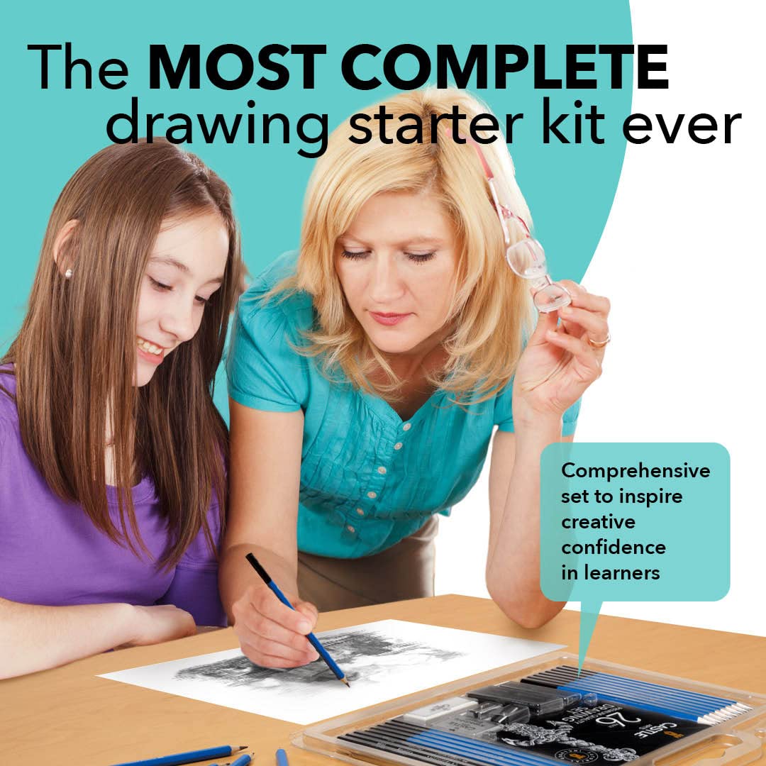 Castle Art Supplies 26 Piece Drawing and Sketching Art Set: Perfect for Beginners, Kids or Any Aspiring Artist - Includes Graphite Pencils and Sticks, Charcoal Pencils, Erasers and Sharpeners, Adult