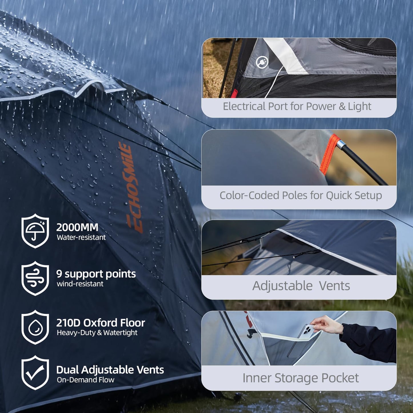 EchoSmile Tents for Camping, Waterproof Windproof Tent with Multi-Pole, 3-5 Person Spacious Dome Tent with Expandable Space for Shoes, Packs & Wet Items, Easy Setup Tent for Camping & Hiking-Gray