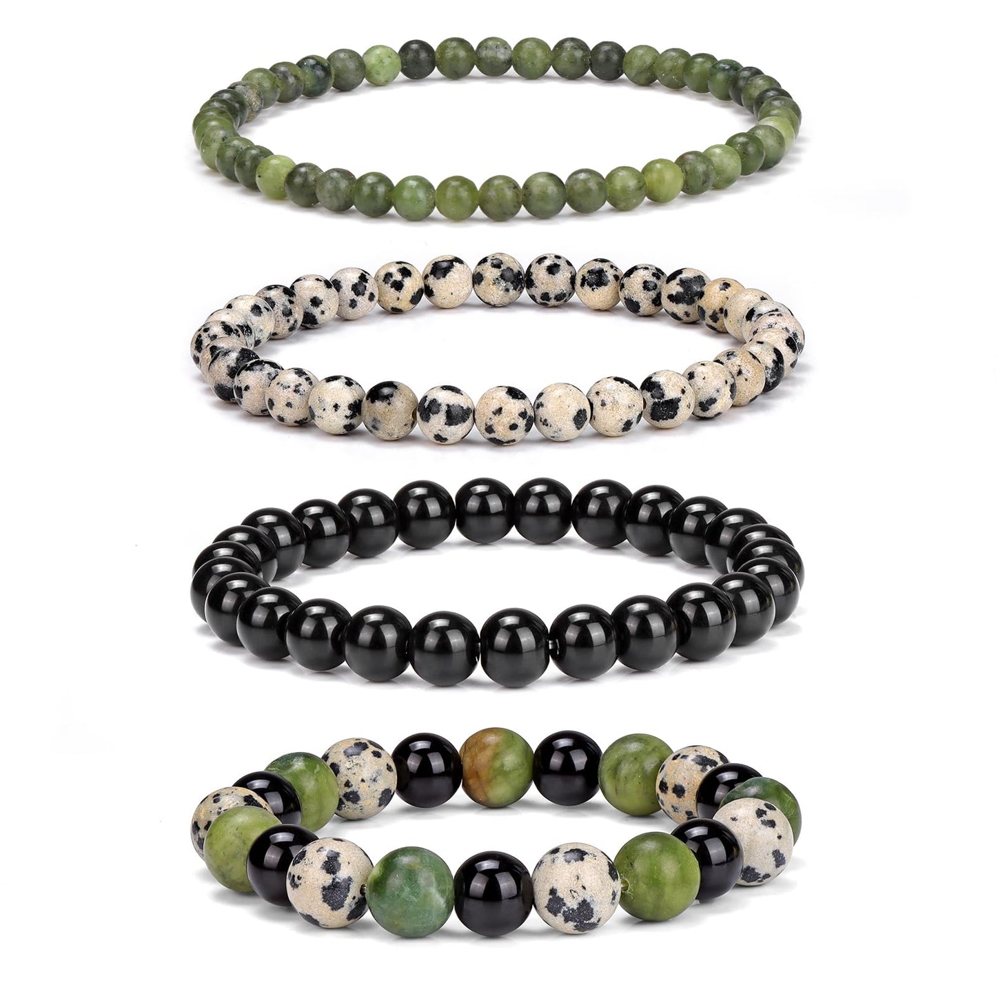 Vinswet 4pcs Natural Stone Beaded Bracelets for Women Men,Healing Crystal Gemstones Stretch Bracelet,4mm 6mm 8mm 10mm Southern jade Dalmatian Jasper Black Obsidian Anxiety Stress Relief Bracelet Jewelry Gifts