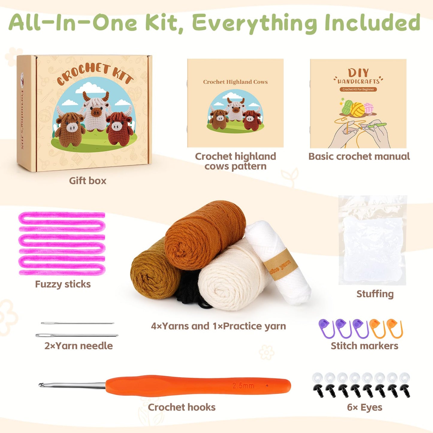 Fortuning's JDS Crochet Kit for Beginners - Crochet Highland Cow Beginner Crochet Kit for Adults, Complete Scottish Cow Crochet Animal Kits, Easy Crocheting Knitting Starter Kits Gifts