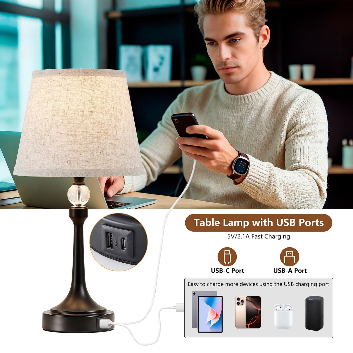 Leasgy 19.7'' Touch Table Lamps for Living Room, Small Lamp for Bedroom with USB C+A Ports, Dimmable Touch Lamps, Reading Desk Lamp for Office, Metal Bedside Lamps, Bulb Included, 1pcs, Black