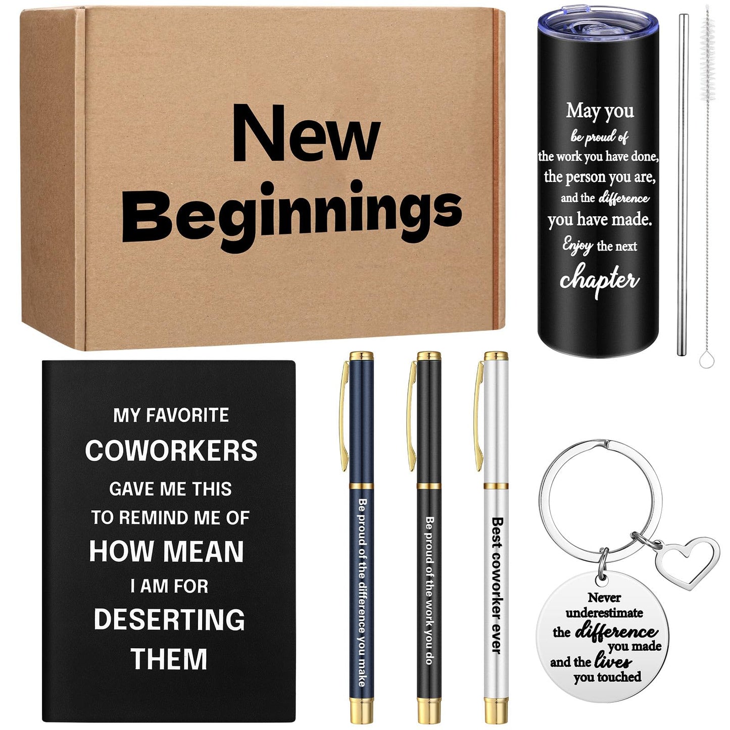 Geiserailie 7 Pcs Farewell Gifts for Coworkers New Beginnings Gifts for Women Retirement Leaving 20 oz Tumbler Notebook Pens Keychains New Beginnings Basket for Women Housewarming Teacher(Black)
