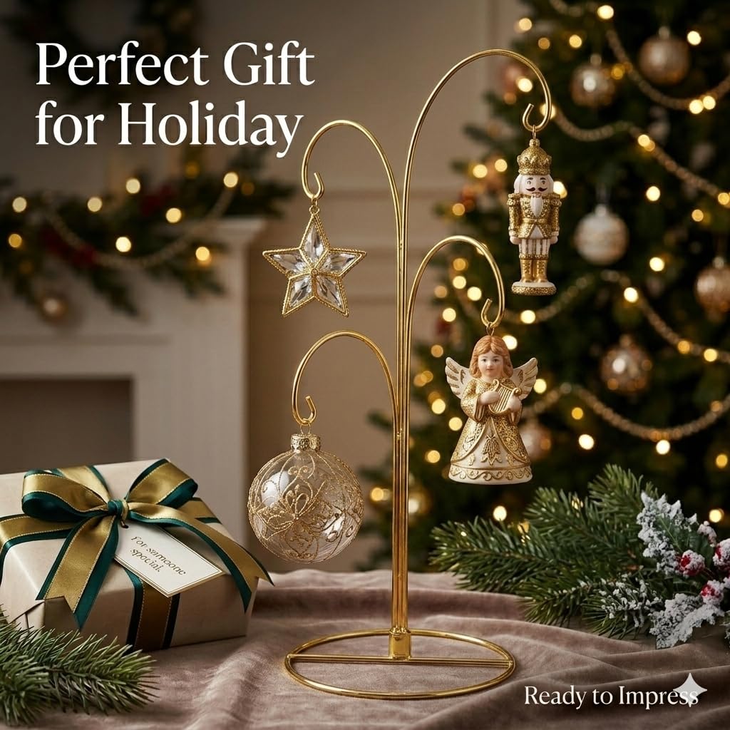 HOHIYA Ornament Display Stand 12 Inch 4-Arm Metal Holder for Christmas Ornaments Glass and Crystal Ball Decorations Art Craft Hanging Hanger Brass Gold 2 Pack