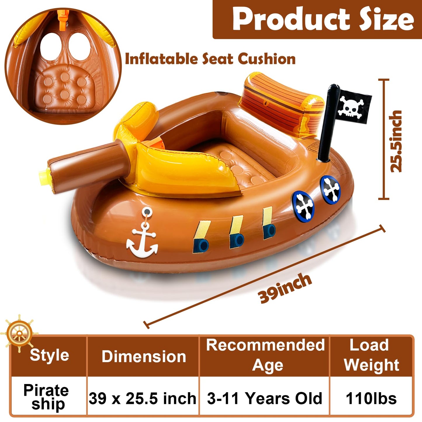 Inflatable Pirate Ship Pool Floats Kids 3-11 Years Toddler Pool Floaties with Water Cannon Gun Swimming Pool Toys Boys Girls Party Float Ride-on Floaty Rafts with Safety Seat Summer Outdoor Water Game
