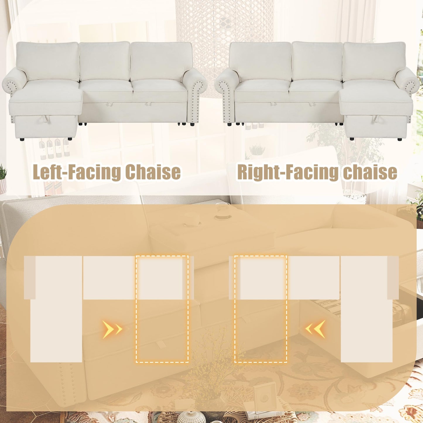 Merax 95" Convertible Sectional Sleeper Sofa with Pull Out Bed & Storage Chaise & Pull-Down Table | Acacia Wood Frame Couch Bed with Cup Holders & Nailhead Trim for Small Apartments & Guests, Beige