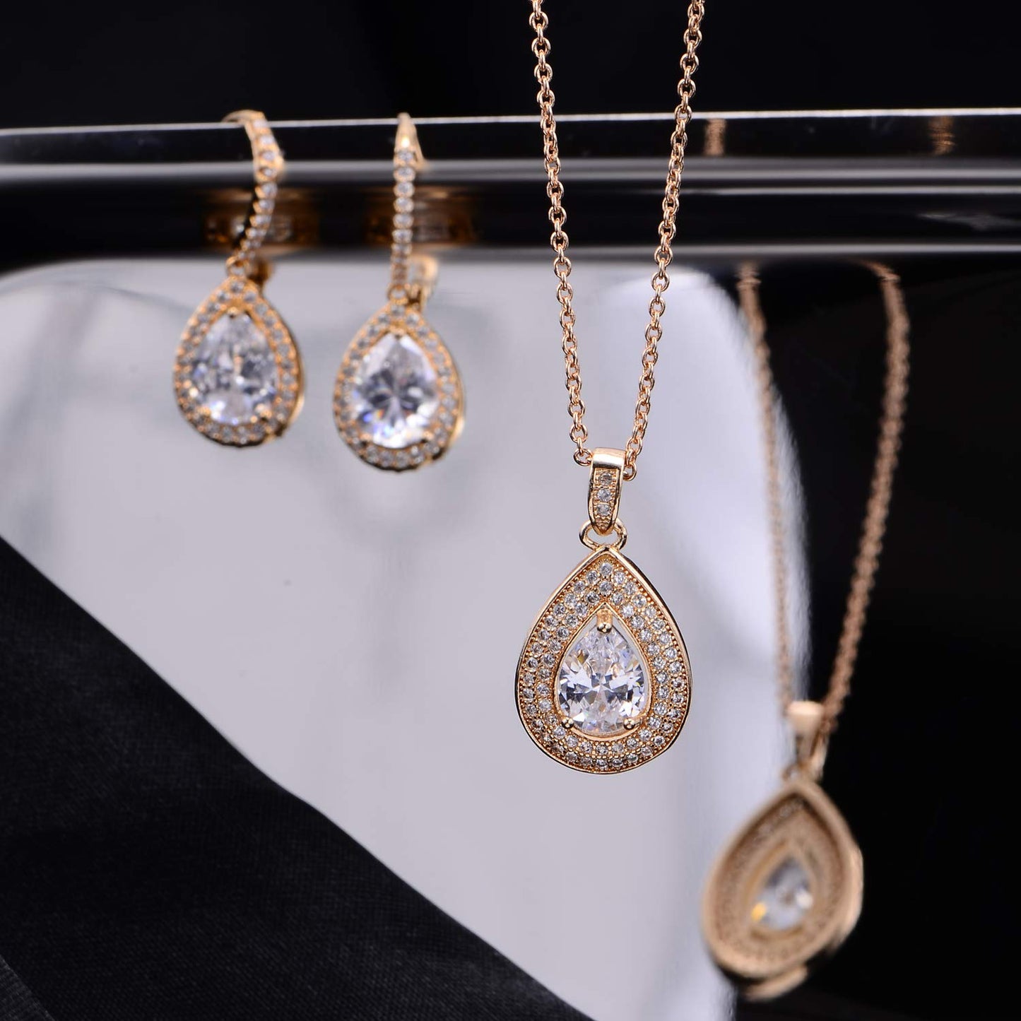 Mycitta Bridal Jewelry Set for Wedding - 18k Gold Plated Teardrop Cubic Zirconia Crystal CZ Drop Earrings Pendant Necklace Set for Bride Bridesmaids Prom Party Formal Jewelry Set Women