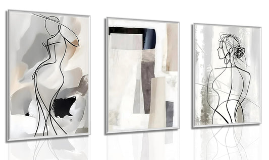 3pcs Black White Abstract Line Wall Art Female Figure Silhouette & Geometric Elements Pictures Posters Modern Minimalist Canvas Paintings Wall Decor For Living Room Bedroom Decoration Unframed
