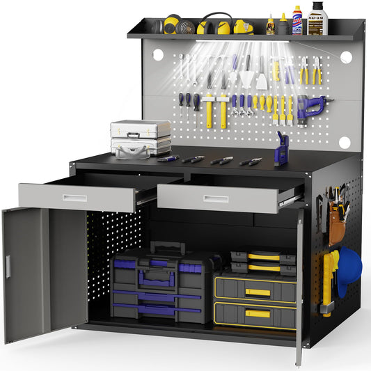 Eltean 48" Work Bench,Heavy Duty 2000 LBS Capacity Workbench with Drawers and Storage,Work Table with Light & Pegboard,Work Benches for Garage