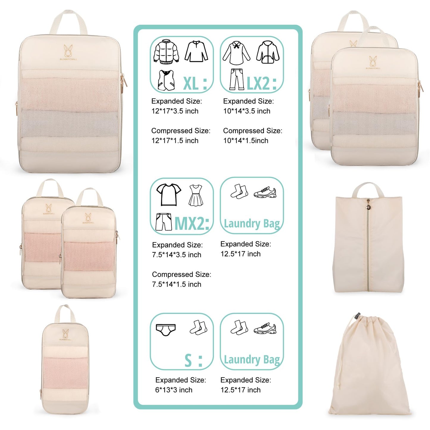 6 Set Compression Packing Cubes for Travel, Bunnychill Portable Zipper Packing Cube for Cloting, Expandable Space Saver Storage Luggage Organizer Bags for Suitcases(Beige)