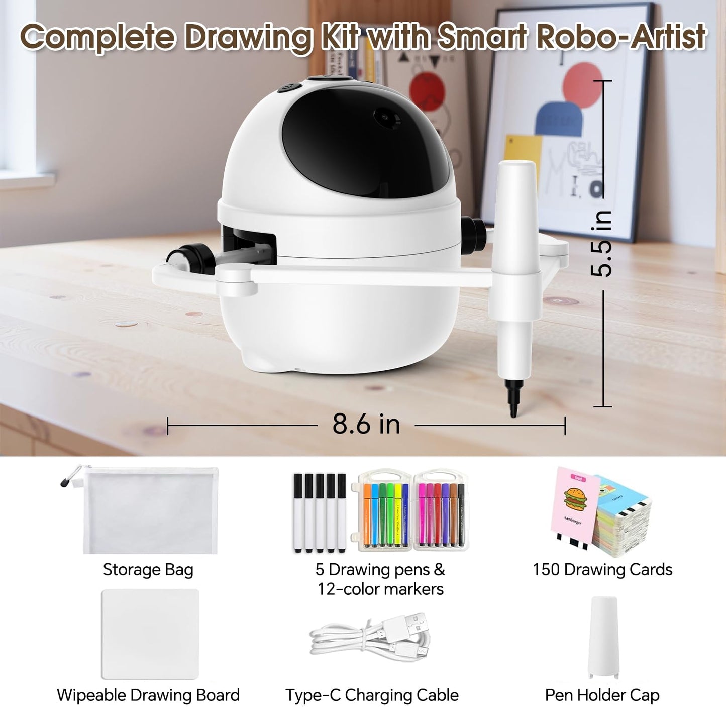 Drawing Robot Toys Painting Kit for Kids, Toddler Toys Birthday Gifts for 3-10 Girl Boy, Electronic Learning Toys with Intelligent Sensing 150 Cards, Interactive Painting Toy Set (White)