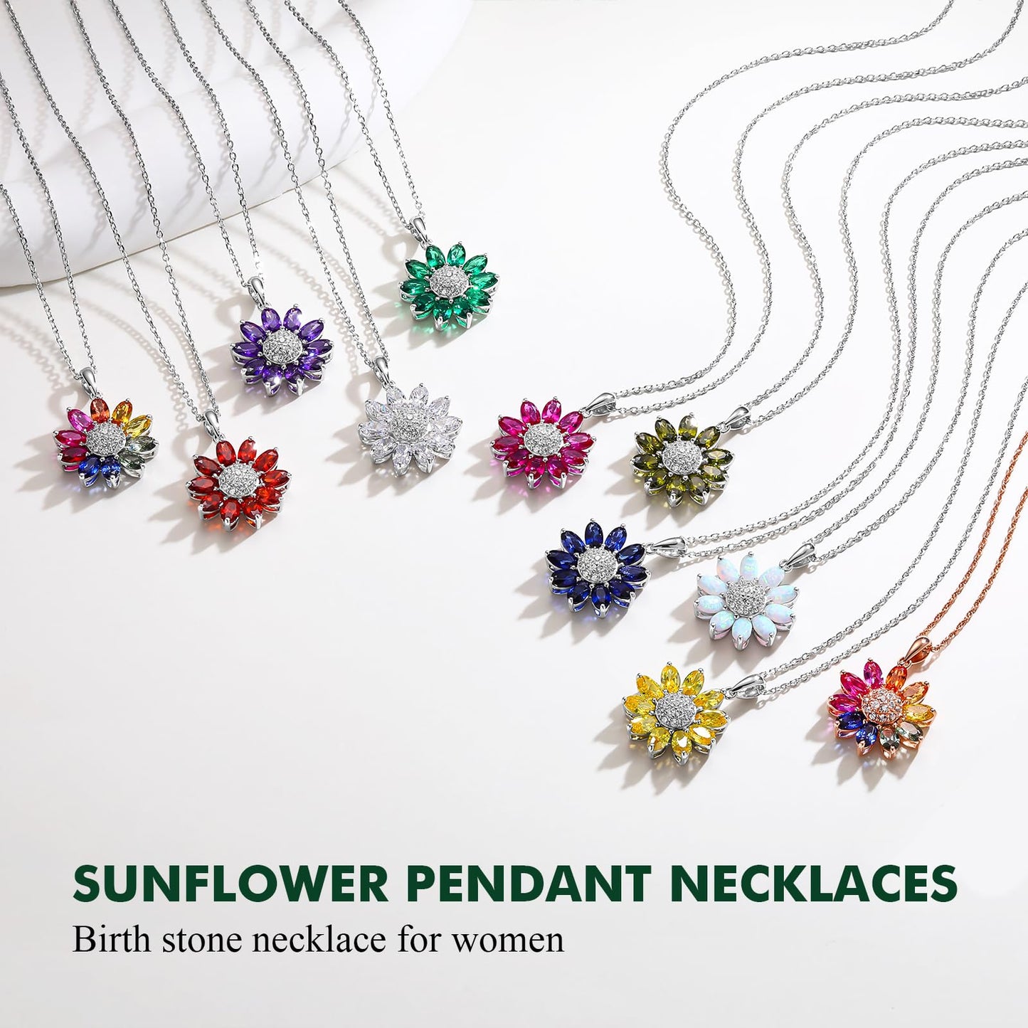 RANDES Emerald Sunflower Necklaces for Women Sterling Silver May Birthstone Necklace Dainty Green Stone Flower Pendant Necklace
