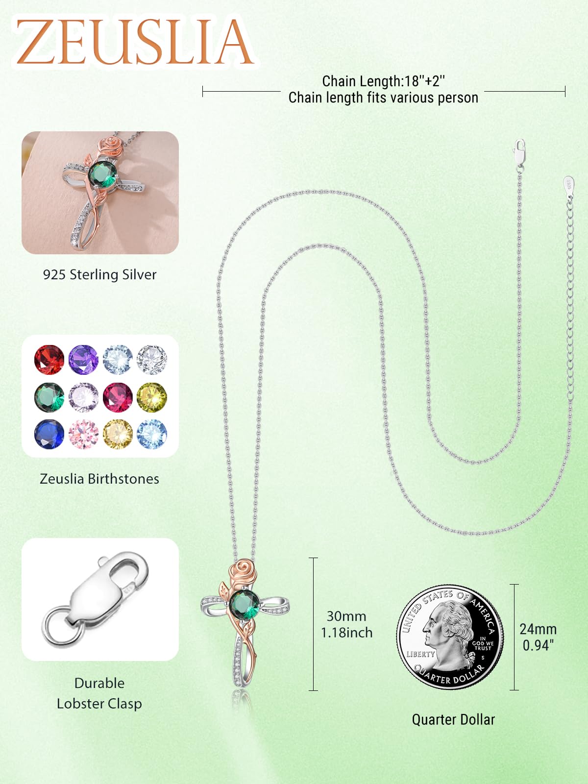 Zeuslia Cross Necklace for Women Sterling Silver Cross Pendant Jewelry with Rose Emerald May Birthstone Necklace Christian Religious Baptism First Communion Confirmation Birthday Gifts for Women