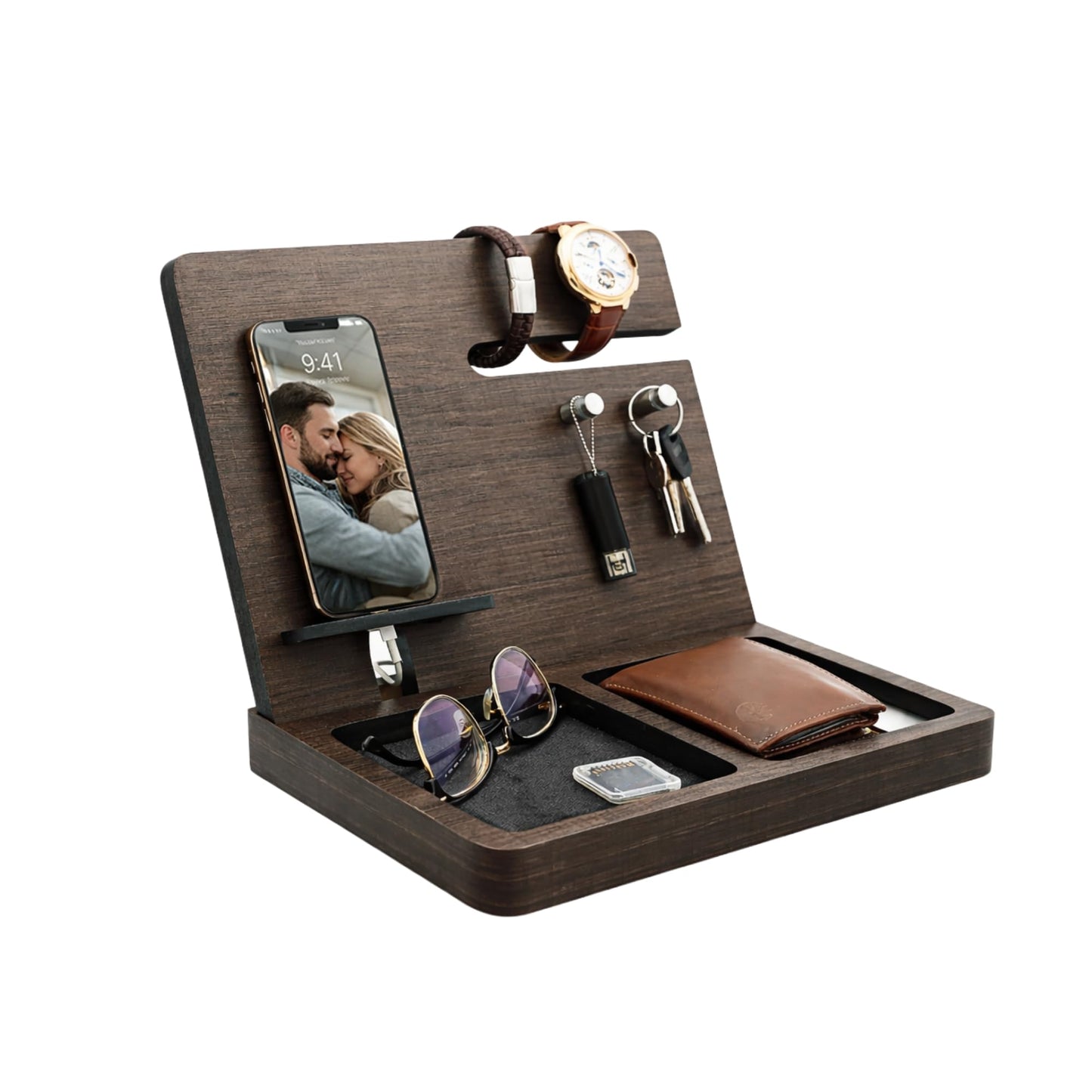 Namore Nightstand Organizer for Men – Wood Phone Docking Station & Bedside Valet Tray Organizer for Wallet, Watch & Keys – Unique Gifts for Men, Husband, Dad