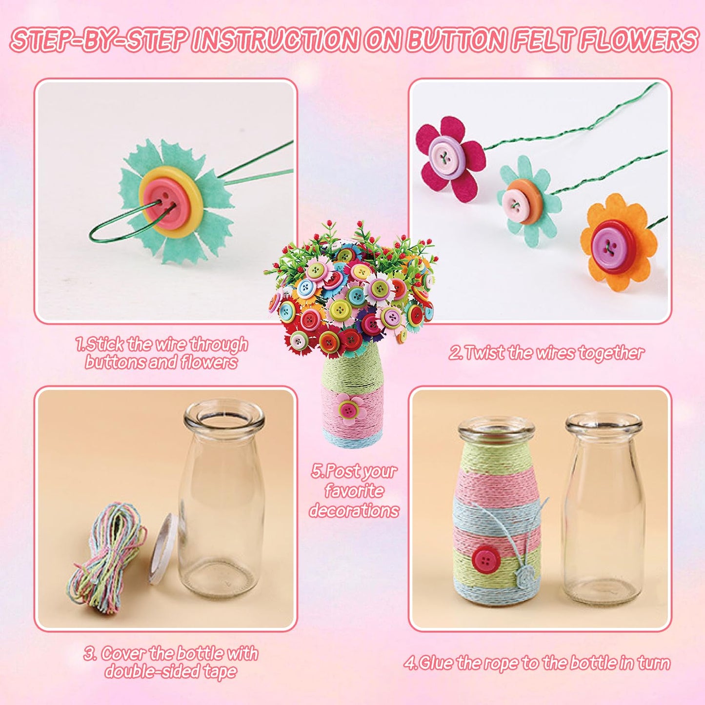 Mostop Poke-in Art Flower Bouquet DIY Craft Kit for Girls Age 4-5 6-7 8-12, Mess-Free Button Felt Flower Making Set, Creative Activity Educational Birthday Gift Toys for 6-8 8-10 Year Old Kids
