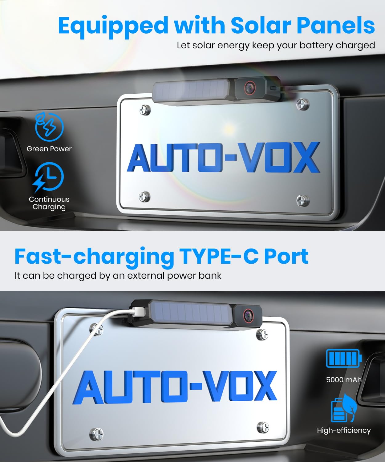 AUTO-VOX Solar Wireless Backup Camera:5" 1080P HD Monitor3-Minute Easy to Install & 5000mAh Battery Powered Back Up Camera SystemIP69K Waterproof Wide Angle Reverse Camera for Car Truck Trailer Vans