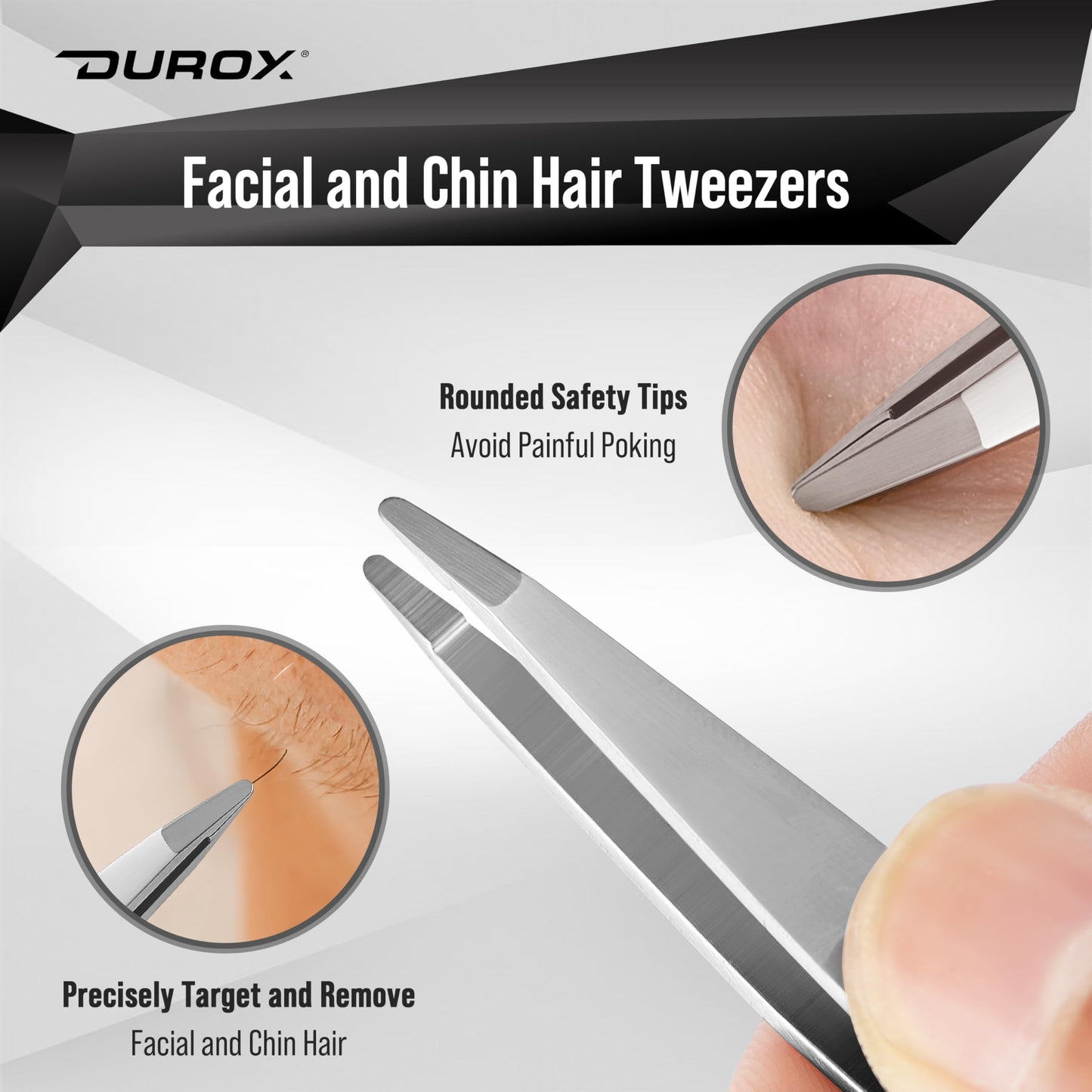DUROX 3-Piece Tweezers Set for Ingrown Hair & Splinter Removal - 1. Pointed Ingrown Hair Tweezers, 2. Sharp Splinter & Sliver Remover, 3. Blunt Tip Facial & Chin Hair Tweezers, Stainless Steel, Pouch