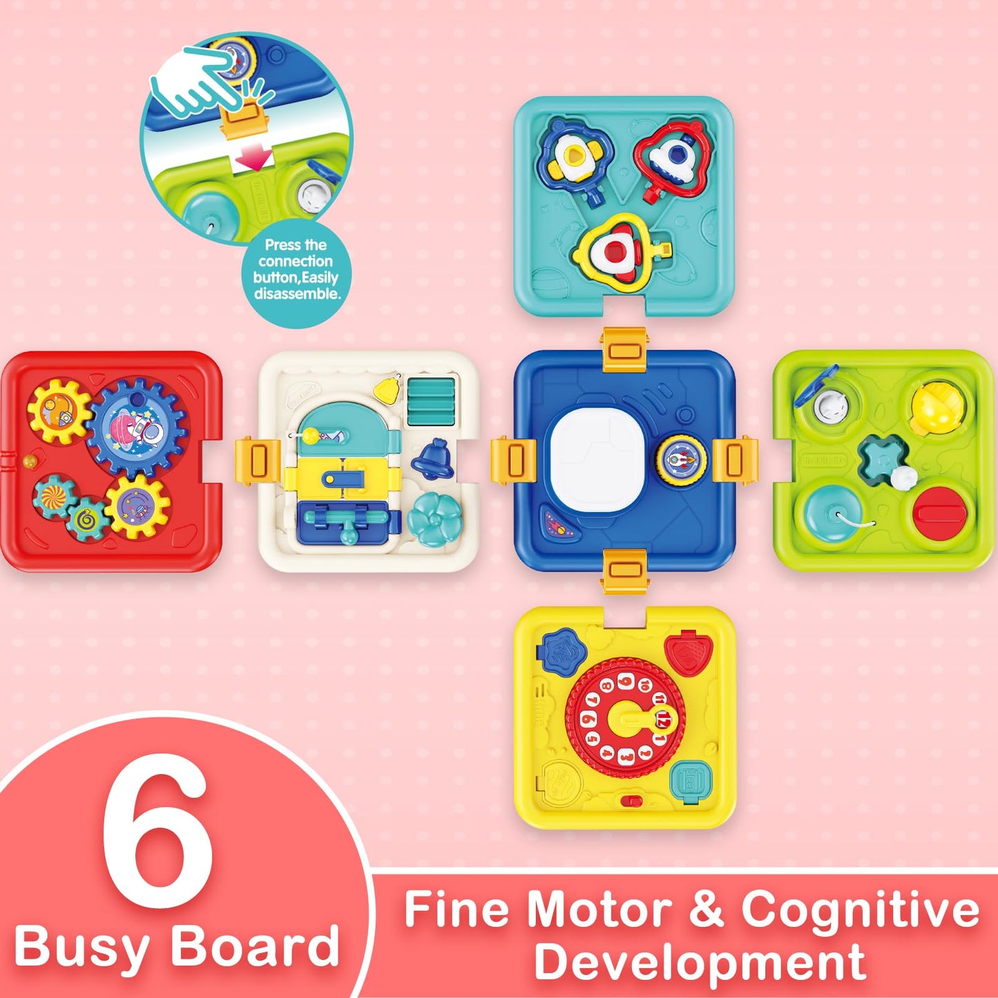Covsen Montessori Toy for 1+ Year Old Girl Gift – 6-in-1 Busy Board for Toddlers 1 2 3 4 Year Old – Educational Sensory Early Development Toys– First 1st Birthday Gifts for Kids
