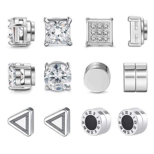 6 Pairs Magnetic Stud Earrings for Men 6MM Stainless Steel Clip on Magnet Earring Inlaid Cubic Zirconia,Non Piercing CZ Magnet Studs Diamond Earrings for Women Men