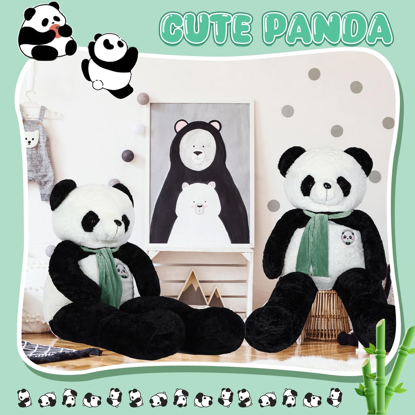 RoundFunny 63 Inch Tall Giant Plush Panda Bear Giant Stuffed Animal Large Panda Plushie with Green Scarf Big Soft Plush Bear Toy for Christmas Boys Girls Girlfriend Wife Gift