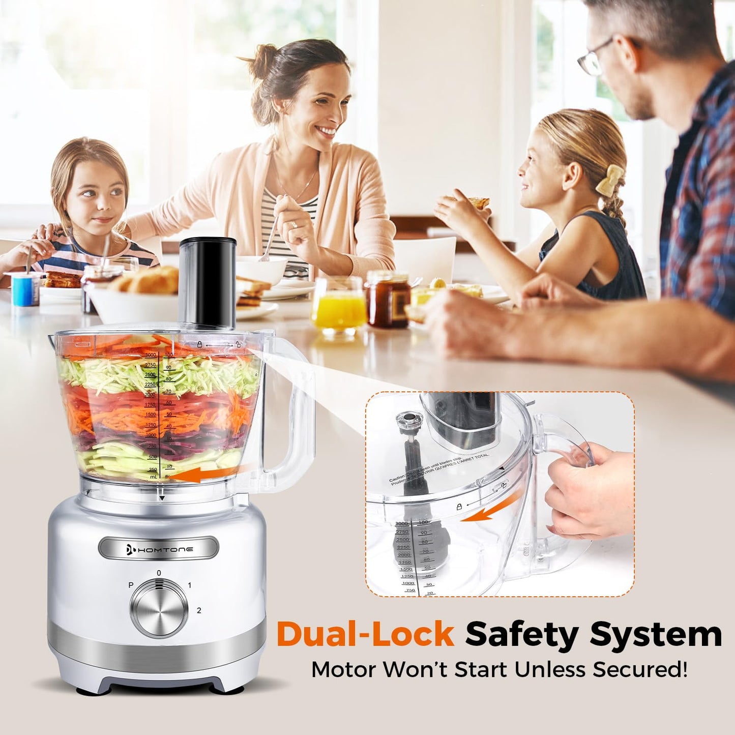 Homtone 16 Cup Food Processor, 9 Functions 7 Blades 3 Speeds for Shredding, Slicing, Doughing, Emulsfying and Meat Vegetable Chopping for Home Use, 600W (Sliver)