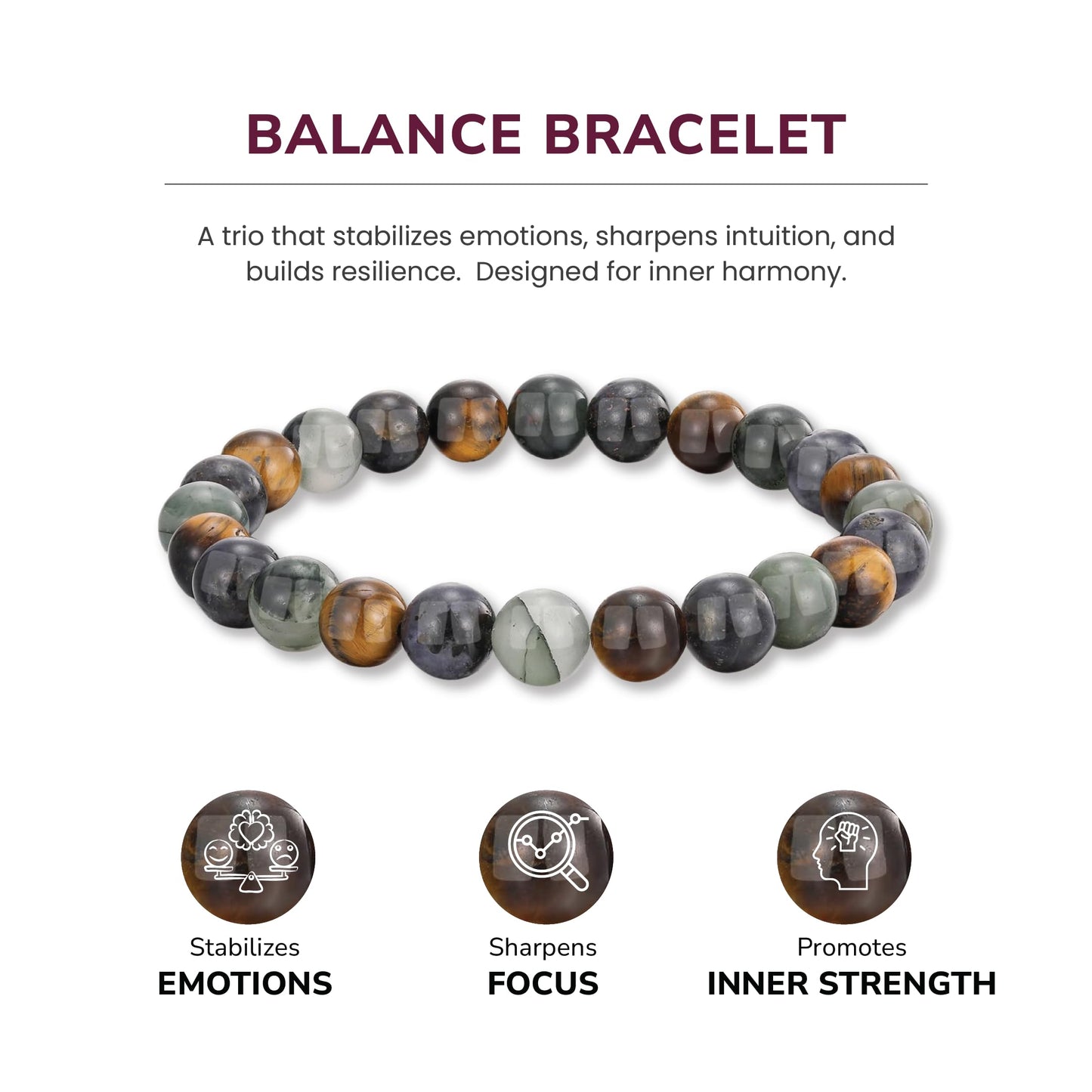 Crystal Vibe Triple Protection Bracelet - Tiger's Eye - Bloodstone - Iolite - Natural Gemstone Healing Bracelet - 8mm Beaded Bracelet for Protection Balance - Elastic Adjustable Size