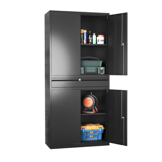 LISSIMO Metal Storage Cabinet with with Drawer, Garage Storage Cabinet with Locking Doors and Adjustable Shelves for Garage, Home Office,Warehouse (Black)