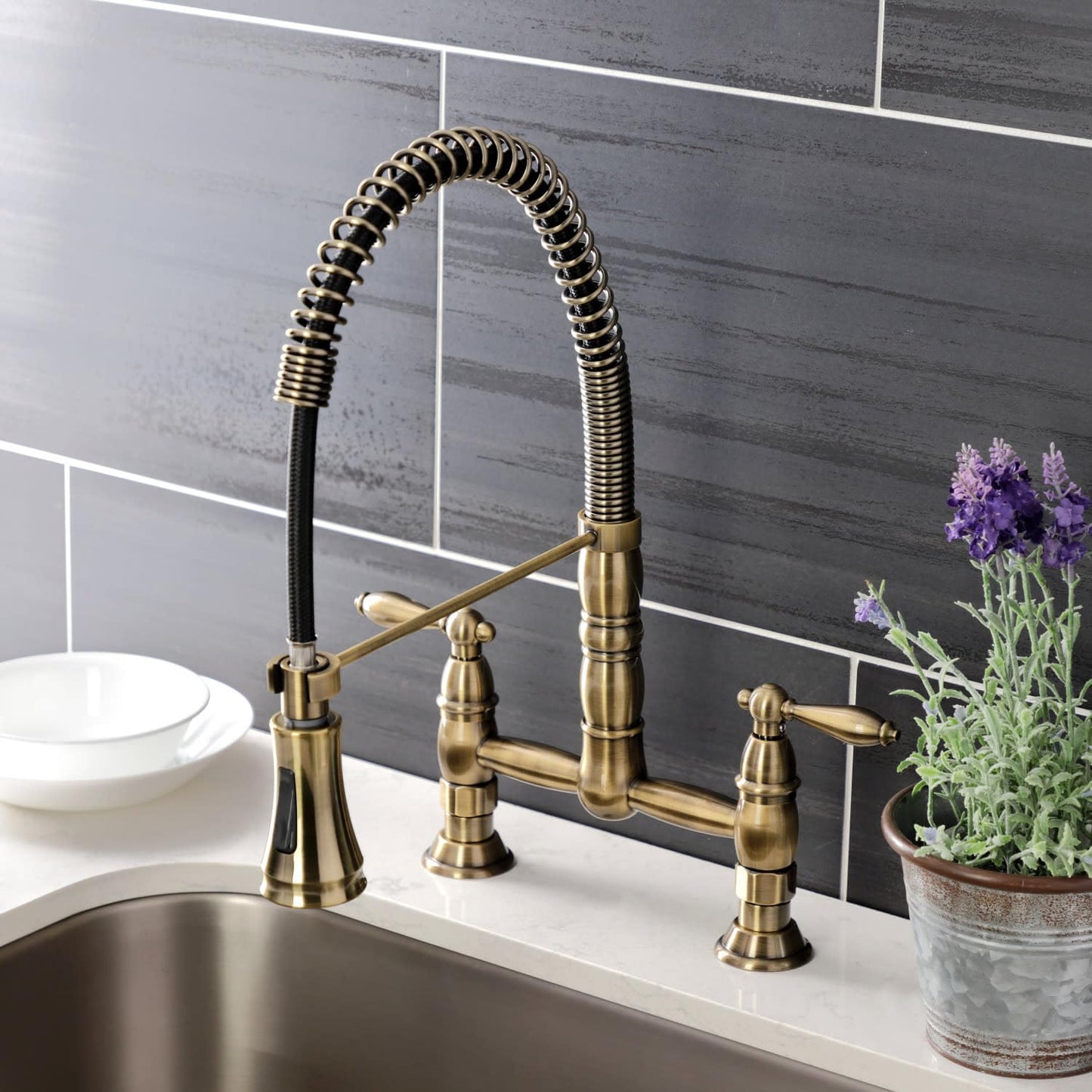 Gourmetier GS1271AL Heritage Two-Handle Deck-Mount Pull-Down Sprayer Kitchen Faucet, Polished Chrome