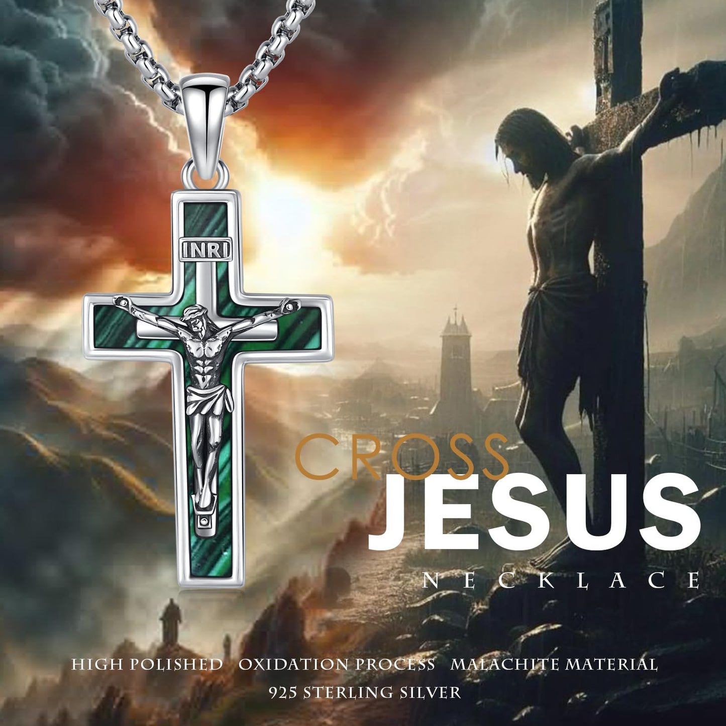 YEESIA Cross Necklace for Women Men 925 Sterling Silver Jesus Crucifix Pendant Necklace with Malachite Cross Jewelry Gift for Women Men