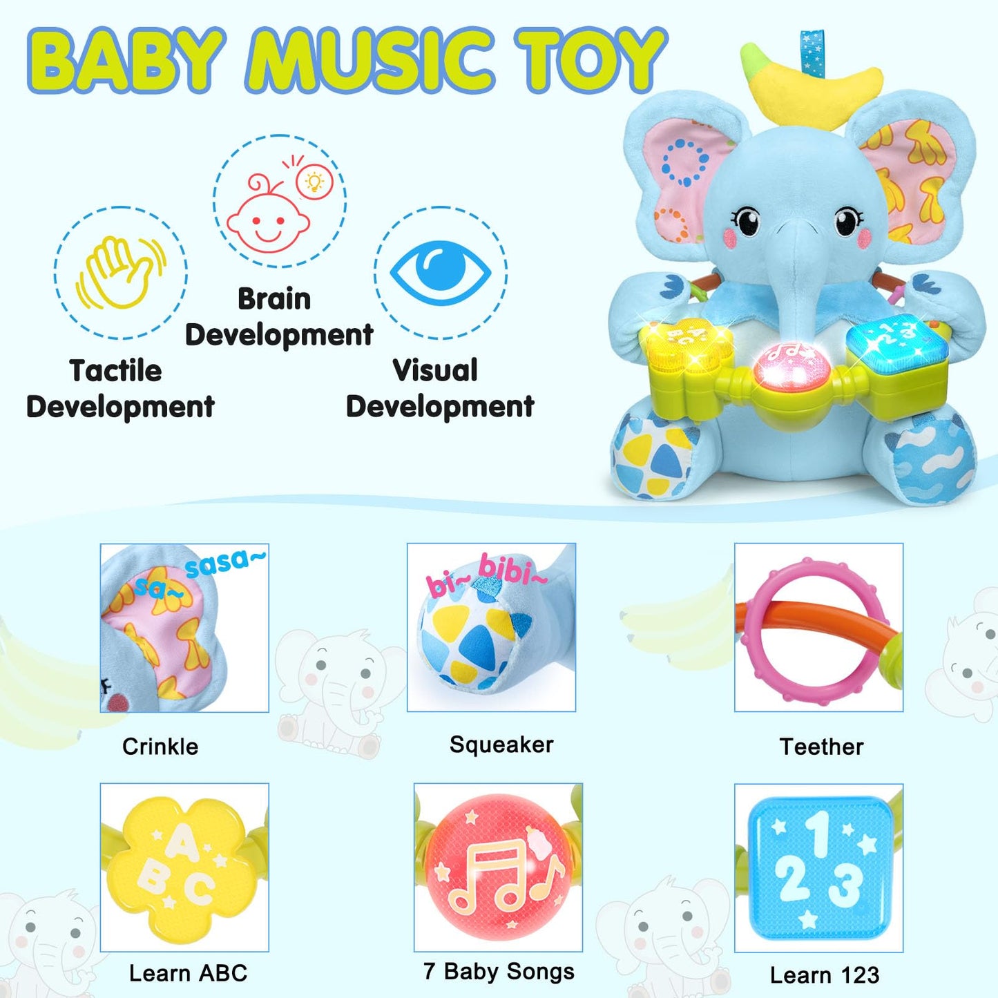 Ryotagift Baby Bilingual Musical Elephant Stuffed Animals Toys,Infant Early Learning Toy with Light-Up Music & Crinkle,Tummy Time Toys for 0 3 6 9 12+ Months for Baby Boy Girl Gift,Blue